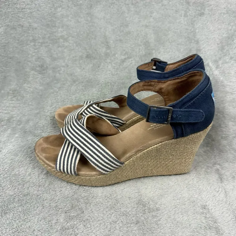 TOMS Wedge Sandals Womens 9.5‎ Navy Blue White Striped Good Espadrille Canvas